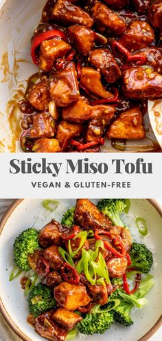 chicken and broccoli stir fry on a plate with the text sticky miso tofu vegan & gluten - free