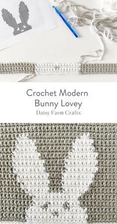 crochet modern bunny lovey pattern with text overlay that says,'daisy farm crafts '