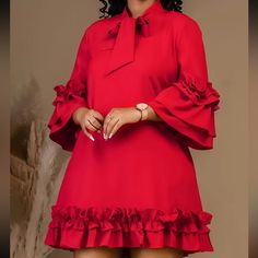 Tie Neck Dress, Casual Ruffle Trim 3/4 Sleeve Lettuce Hem Dress. Gorgeous Fabric Any Occasion: Women's Plus Wedding, Graduation, Engagement Occasion Ceremony Party Holiday, Vacation, Birthday. Cheap Ruffle Dresses For Work, Plus Size Elegant Red Dresses Classy, Stylish Party Dresses Rosewe, Cheap Peplum Dresses For Women, African Dresses For Women Wedding Church, Church Dresses For Women Classy Chic Summer, Casual Dinner Dresses Classy, Red Dress For Chubby Ladies, African Red Dresses For Women