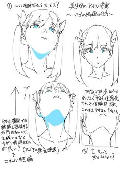 an anime character's face and head with different expressions, including the eyes and nose