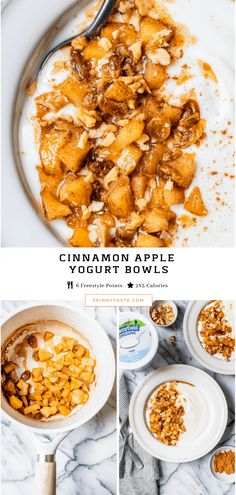 cinnamon apple crisp bowl with yogurt and granola toppings on the side