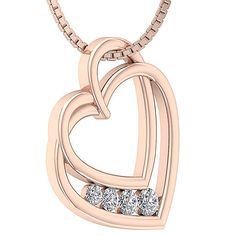 Natural Earth-mined Diamond Gold Jewelry. 100% Customer Satisfaction Guarantee or Money Back. Free Shipping with in USA. Stunning necklace with beautiful sparkly natural diamonds.This diamond Heart Pendant Channel Setting with brilliant cut diamonds.This pendant symbolizes "Timeless Elegance, Infinite Affection" a Sparkling symbol of Love. Diamond Information: Diamond Pieces : 4 Pieces Diamond Carat : 0.65 Carats Diamond Shape : Round Diamond Cut : Round Brilliant Ideal Cut Diamond Color : G - H Diamond White Double Heart Jewelry With Prong Setting, Double Heart Diamond Ring With Prong Setting, Fine Jewelry Double Heart Brilliant Cut Diamond Necklace, Fine Jewelry Diamond Necklace With Brilliant Cut Double Heart, Diamond Heart Necklace With Prong Setting As Gift, Double Heart Diamond Jewelry For Anniversary, Heart-shaped Rose Gold Jewelry With Single Cut Diamonds, Rose Gold Diamond Heart Necklace With Charm, Rose Gold Heart Shaped Jewelry With Single Cut Diamonds