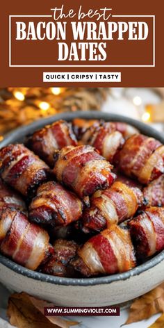 Bacon Wrapped Dates are a sweet and savory appetizer that everyone will love! The crispy bacon pairs perfectly with the chewy, caramel-like dates, creating a delicious bite-sized snack. They’re easy to make and great for parties, Thanksgiving, or holiday gatherings. Save this pin to add these crowd-pleasing bites to your next event menu! Dates With Bacon Appetizer, Smoked Bacon Wrapped Dates, Bacon And Dates Appetizer, Dates Wrapped In Bacon Appetizers, Bacon Wrapped Dates Recipe, Bacon Covered Dates, Dates And Bacon Appetizers, Bacon Wrapped Dates Air Fryer, Bacon Dates Appetizer