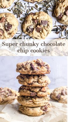 chocolate chip cookies stacked on top of each other with the words super chunk chocolate chip cookies