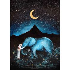 an elephant with a person standing next to it in front of the moon and stars