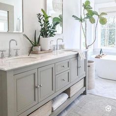 a large bathroom with two sinks, mirrors and plants in the middle of the room