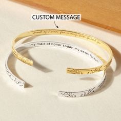 This Engraved Bracelet is more than just an accessory. It's a personalized piece of artistry designed just for you or your loved ones. Crafted in lustrous silver or gold, the bracelet offers a unique opportunity for self-expression or a thoughtful gesture for someone special. Customize it with your chosen text or name, subtly hidden inside the bangle, creating an intimate bond between the wearer and the message. This bracelet makes for an excellent gift, infusing love and thoughtfulness into each and every element. INORMATION: * Measurements: The plate measures approx. 5/32 inch (~4mm). * Bracelet Size: circumference is 6.5''  - PERSONALIZATION: * Front: Our default design as image * Back: Any meaningful message or information (20-22 words) WHAT MAKE IT SPECIAL: ✓ Personalization: A unique Customized Bracelets, Personalized Wedding Rings, Customised Bracelets, Engraved Wedding Rings, Puzzle Jewelry, Bracelet Quotes, Bracelets Silver, Infinity Jewelry, Fingerprint Jewelry