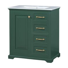 a green cabinet with two drawers and a sink in the middle, on a white background