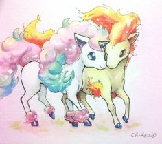 two unicorns are standing next to each other in front of a pink background with watercolor