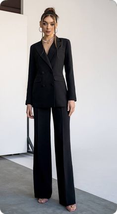 Chic Full Length Suits For Work, Chic Full-length Suits For Workwear, Fitted Wide Leg Suits For Office, Tailored Wide Leg Evening Suits, Chic Black Wide-leg Suit, Chic Black Wide Leg Suit, Tailored Tuxedo Pantsuit For Night Out, Fall Full Length Formal Suits, Elegant Wide Leg Single Breasted Suits