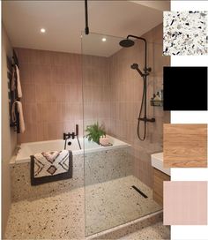 the bathroom is decorated in shades of pink, brown and white with an open shower