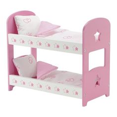 a pink wooden bunk bed with stars and hearts on the bottom, along with two pillows