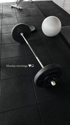 a barbell sits on the ground next to a white ball