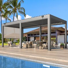 an outdoor dining area next to a pool with chairs and tables under a pergolated roof