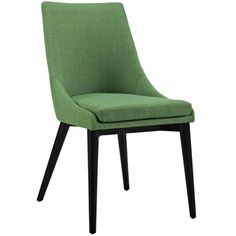 a green upholstered chair with black legs