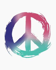 a peace sign painted in pink, blue and green on top of a white background