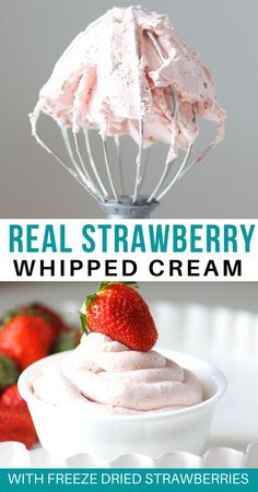 two pictures with strawberries and whipped cream in them