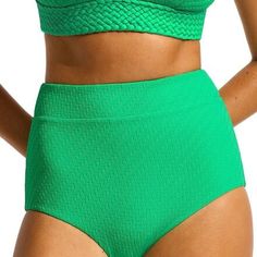 Wavelength High Waisted Bikini Bottom - Women's Green High-cut Leg Beach Bottoms, Green High-cut Leg Bottoms For Vacation, Textured Green Swimwear For Summer, Green Textured Swimwear For Summer, Textured Green Beachwear Swimwear, Textured Green Swimwear For Vacation, Fitted Textured Swimwear For Swimming, Textured Fitted Swimwear, Fitted Textured Swimwear