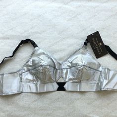 New With Tags Size 32d Silver With Black Trimming. Vintage Pinup Style Bra Fitted Silver Bra, Silver Fitted Bra For Party, Silver Elegant Fitted Bra, Elegant Fitted Silver Bra, Elegant Silver Underwire Bra, Secret In Lace, Demi Cup Bra, Pinup Style, Bullet Bra