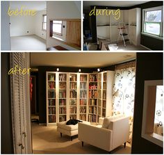 the before and after shots of a living room with bookshelves, windows, and chairs