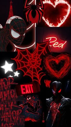 a collage of various images with red and black lighting in the dark, spider - man