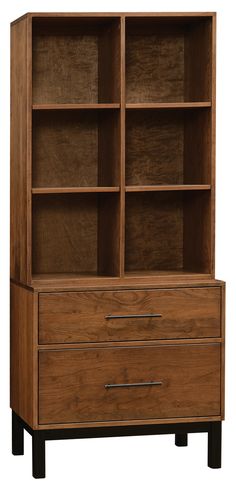 a wooden bookcase with two drawers on one side and an open drawer on the other