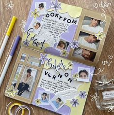 a scrapbook with some pictures on it next to a pair of scissors and a pen