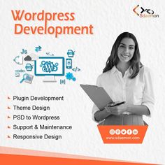 a woman holding a clipboard in front of a white background with the words wordpress development on it