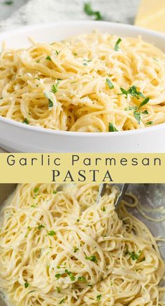 garlic parmesan pasta in a white bowl