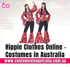 two women in matching outfits with the words hippie clothes online - costumes in australia