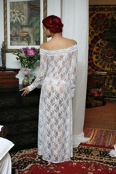 White Lace Off Shoulder Bridal Nightgown Wedding by SarafinaDreams Bridal Lingerie Lace, Bridal Sleepwear, Honeymoon Lingerie, Cotton Lingerie, Bridal Nightgown, White Lingerie, Lace Nightgown, Wedding Lingerie, Printed Gowns