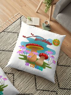 the mushroom is sitting on the floor in front of some plants and flowers throw pillow