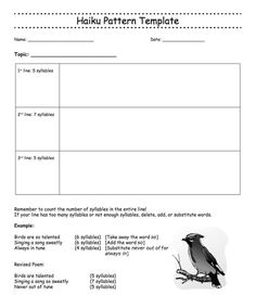 a worksheet with the words haiki pattern template and a bird on it