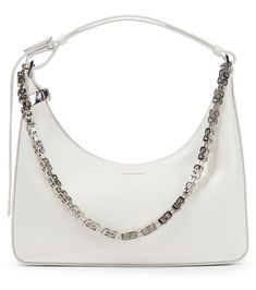 Givenchy's Moon Cut Out Small leather bag is an everyday companion. This white leather iteration is shaped to a curved silhouette and features a cubic-GG chain that doubles as a second shoulder strap. Top In Pizzo, Moon Cut, Givenchy Bag, Small Leather Bag, Small Shoulder Bag, White Bag, Hobo Bag, White Leather, Fashion Item