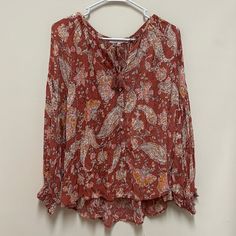 Olivaceous Blouse Top Button Down Front Paisley Print Collar Tie With Tassels Rust, Pink, Orange, Tan Size Large P2p: 24 In New With Tags Casual Boho Print Rayon Tops, Flowy Boho Print Casual Blouse, Casual Flowy Boho Print Blouse, Casual Rayon Tops With Boho Print, Bohemian Red Button-up Top, Bohemian Blouse With Button Closure For Vacation, Fall Paisley Print Button-up Blouse, Bohemian Printed Button-up Top, Fall Vacation Paisley Print Blouse