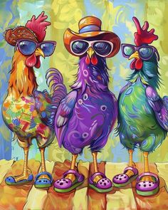 three colorful roosters with sunglasses and hats on their heads are standing next to each other