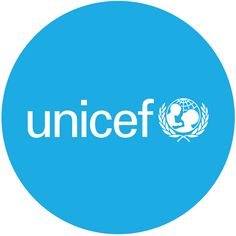 the unicef logo on a blue circle with white letters and a globe in the center