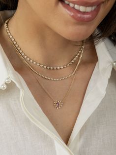 Indulge in everyday luxury with our Cupcake Diamond Tennis Necklace. Featuring a crown prong setting that beautifully showcases approximately 2 carats of dazzling diamonds, this necklace is the perfect blend of elegance and sparkle. Ideal for layering or wearing solo, it adds a touch of refined sophistication to any outfit, from casual chic to evening glamour. Luxury Refined Diamond Necklace With Prong Setting, Luxury Gold Tennis Necklace With Bezel Setting, Diamond Layered Necklace, Dazzling Everyday Luxury Diamond Necklace With Prong Setting, Fine Jewelry Diamond Necklace With Prong Setting, Fine Jewelry Round Cut Tennis Necklace For Everyday Luxury, Diamond White Necklace With Single Cut Diamonds, Refined Diamond Necklace With Accents For Everyday Luxury, Fine Jewelry 14k Gold Round Tennis Necklace