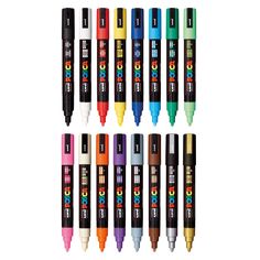 six pens with different colors and shapes in each pen, all lined up on top of one another