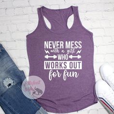 Get ready to turn heads in the gym with our funny workout tanks! Our collection of workout tanks for women feature a range of hilarious and cute gym sayings that will have you feeling confident and looking great. Whether you're lifting weights, running, or just lounging around, these funny gym shirts are sure to make you stand out from the crowd and show off your bold personality. Athleisure Slogan Workout Tops, Sporty Tops With Funny Text For Workout, Sporty Workout Tops With Funny Text, Athleisure Slogan Tops For Workout, Athleisure Workout Tops With Slogan, Workout Tank T-shirt With Letter Print, Tank T-shirt With Letter Print For Workout, Comfortable Graphic Print Activewear For Workout, Graphic Print Activewear For Workout