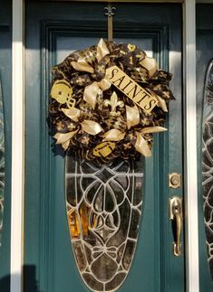 Large Hand-made Saints Wreath made with mesh. Can be picked up in Metairie,  La or shipped to you for a fee. Saints Wreaths, Saints Deco Mesh Wreaths, Saints Wreath, Door Wreath Hanger, How To Make Wreaths, Canning, Home Decor