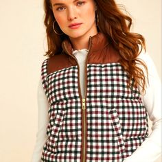 Nwt Maurices Plaid Mixer Vest. Fully Lined. Zip Frontplaid Flannel. Super Cute! Insulation Made With Recycled Bottles. Sz M. Black /Burgundy Plaid Brown Yoke. Brown Plaid Vest Outfit, Plaid Sleeveless Vest For Fall, Classic Sleeveless Plaid Vest, Maurices Plaid, Fall Argyle Pattern V-neck Sweater Vest, Recycled Bottles, Black And Brown, Super Cute, Jackets & Coats