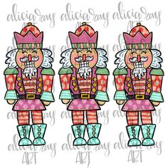 three cartoon nutcrackers wearing pink and green outfits, one with a crown