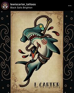 an image of a card with a shark on it's face and the words l carter