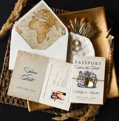 an open passport sitting on top of a table next to some cards and other items