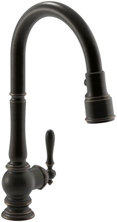 a black kitchen faucet with two handles