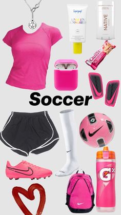 a woman's pink shirt, shorts and shoes with the words soccer on it