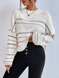 Long Sleeve Knitted Top, Estilo Indie, Drop Shoulder Sweater, Drop Shoulder Sweaters, Women Sweaters, Knitted Top, Long Sleeve Knit Tops, Cute Simple Outfits, Really Cute Outfits