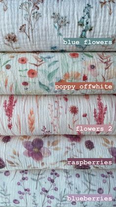 four different types of flowered fabric with the words blue flowers written in red on them