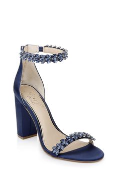 PRICES MAY VARY. Mayra Ankle Strap Evening Shoe Jewel Badgley Mischka, Embellished Heels, Evening Sandals, Strap Sandals Women, Rhinestone Heels, Satin Heels, Blue Heels, Block Heel Shoes, Prom Shoes